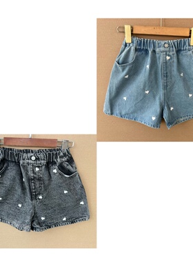 2L1-31幼儿款夏季牛仔短裤松紧腰爱心刺绣休闲百搭复古宽松Y25-9