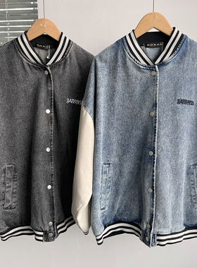 O1-474春款牛仔棒球服男女街头宽松刺绣复古夹克外套潮按扣D25-3