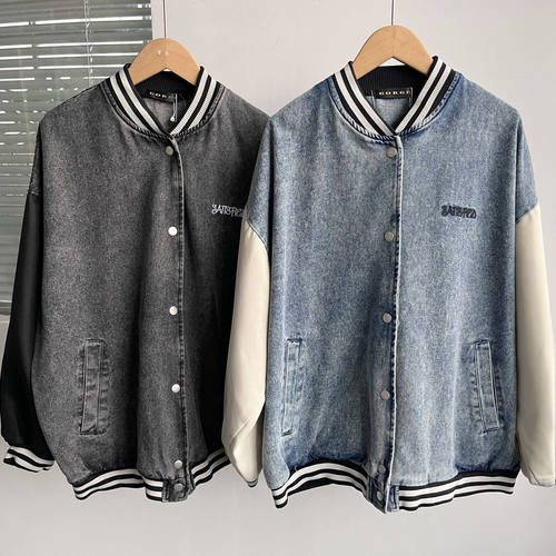 O1-474春款牛仔棒球服男女街头宽松刺绣复古夹克外套潮按扣D25-3