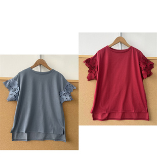 T恤女前短后长开叉设计T26 楼3 80温柔风蕾丝拼接短袖