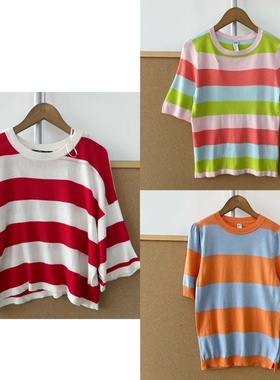 楼11-51女士圆领多巴胺温柔系撞色条纹设计感气质百搭针织衫Z26-1