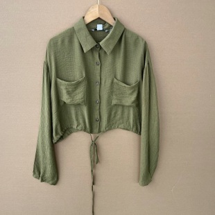 上衣H25 衬衫 休闲清新舒适亲肤舒适翻领抽绳短款 12春夏薄款