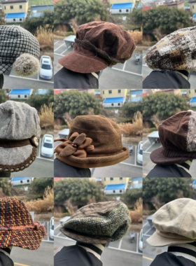 3R-78森系单面戴多款英伦风复古格纹拼接显脸小文艺百搭帽H26-2