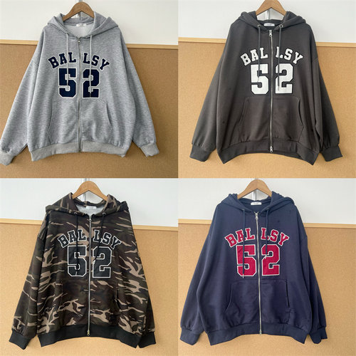 南4-22日单双拉链字母刺绣连帽开衫卫衣毛圈设计感上衣J25-12