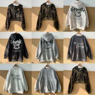 日系慵懒风松弛感印花烫钻字母加绒卫衣H25 2R1 48卫衣合集