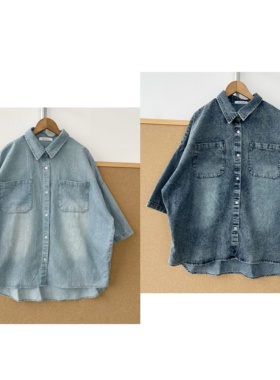 2V1-68水洗做旧纯棉牛仔短袖衬衫复古慵懒风显瘦开衫上衣J26-4