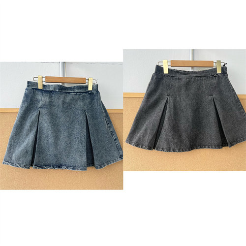 U1-216复古水洗牛仔百褶短裙女高腰松紧腰显瘦防走光半身裙T26-5