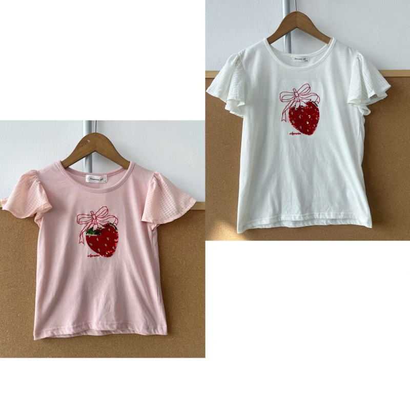 2J1-71圆领草莓亮片上下可波动泡泡纱袖设计感甜美可爱短袖Z25-11