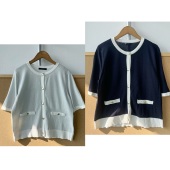 楼10A H26 74撞色拼接肌理感甜美小香风亮丝气质针织开衫 短袖
