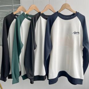 微瑕美式宽松复古卫衣字母刺绣秋冬撞色拼接打底上衣圆领套头Y11