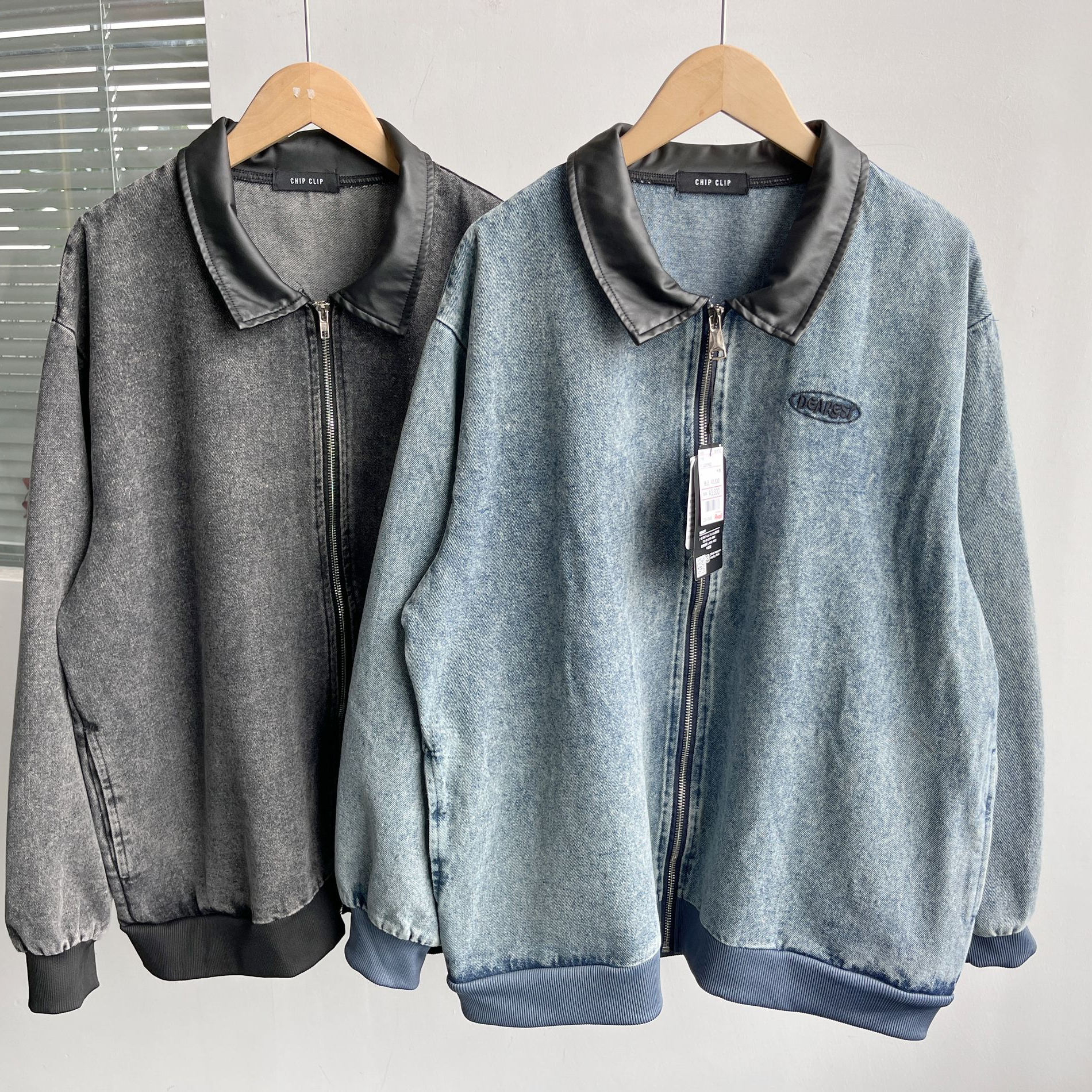 办1-6春秋款复古宽松水洗做旧翻领拼接牛仔外套简约拉链上衣H25-3