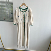 田园风文静甜美D25 8高货 重工刺绣棉麻森系撞色连衣裙