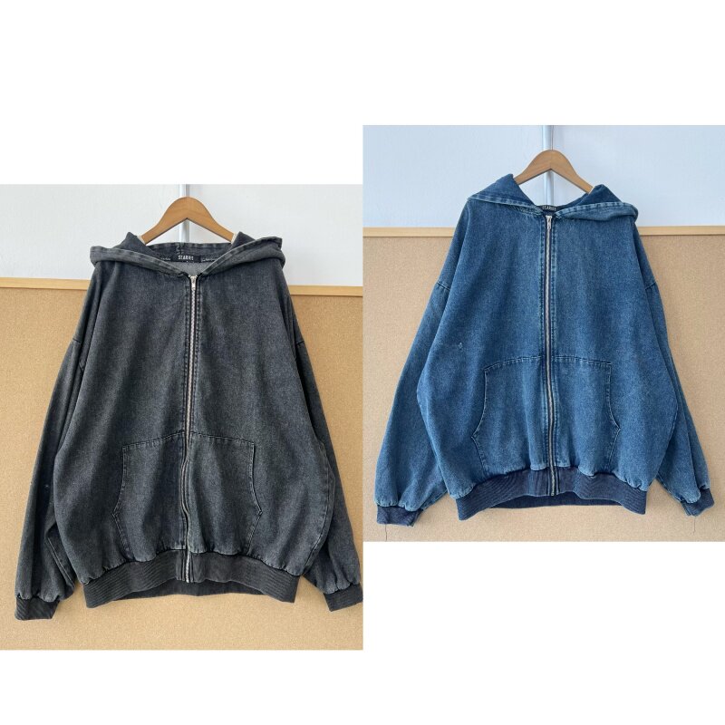 3P-1日超复古水洗做旧连帽原宿风拉链牛仔外套口袋设计感Z26-4