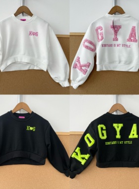 3L-21儿童加绒圆领胸前字母刺绣后背字母毛毛印花短款卫衣Z26-1