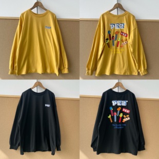 96春秋美式 H26 复古街头糖果印花字母男女同款 T恤打底衫 长袖