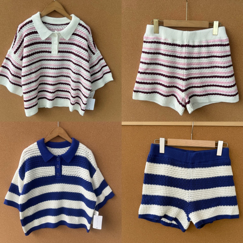 2P1-5翻领条纹针织小众镂空甜辣妹女上衣短袖+镂空内衬短裤Z25-9