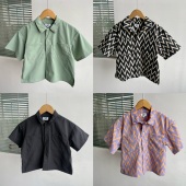 楼11A Z25 5夏季 男宝纯色翻领按扣波浪帅气日常百搭度假风短袖