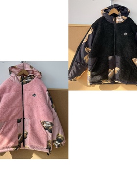 3E-7秋冬保暖羊羔绒拼接加厚可爱小熊印花连帽拉链情侣外套Y25-11