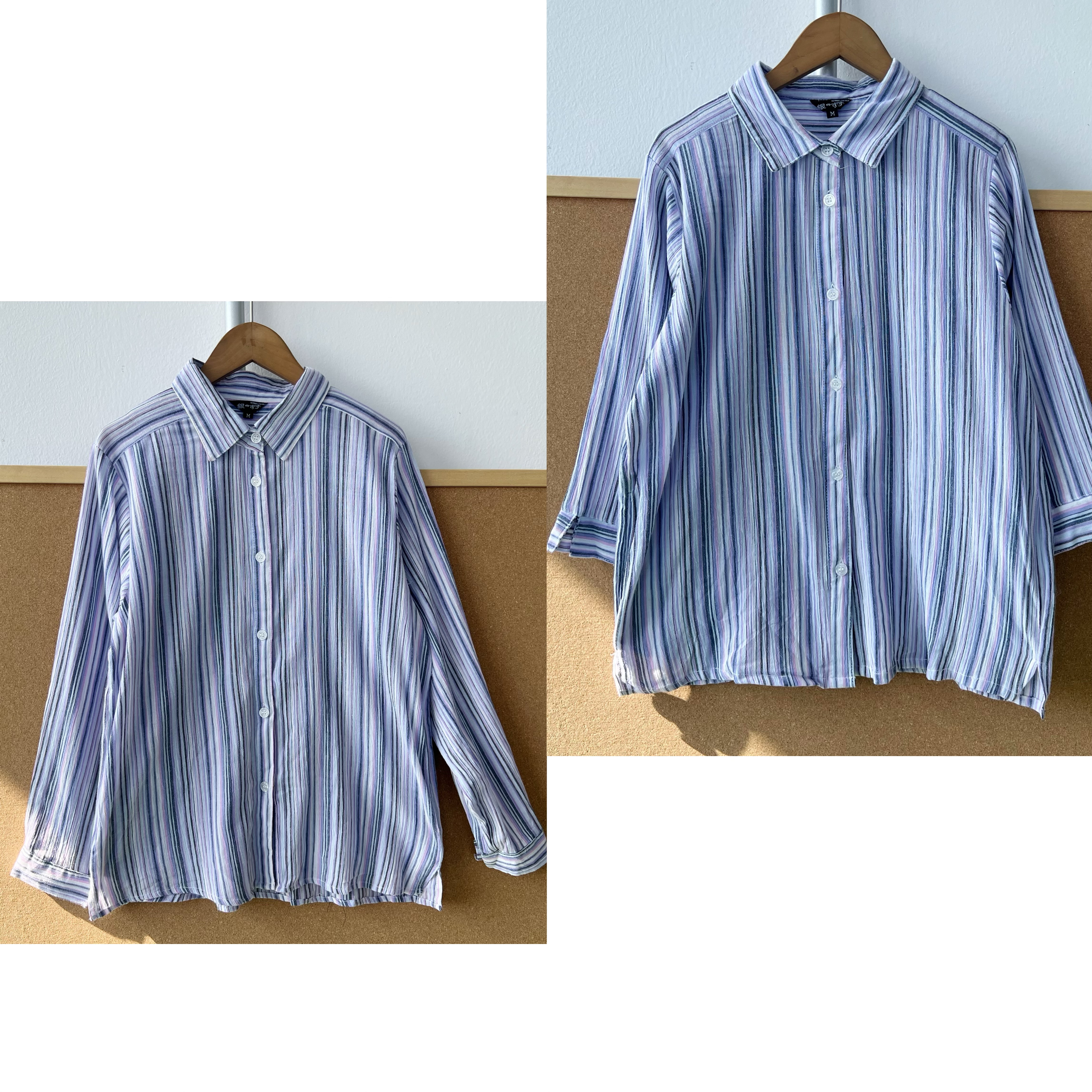 2R1-42日单文艺清新减龄竖条纹春秋翻领时尚气质中长袖衬衫H25-11