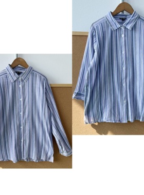 2R1-42日单文艺清新减龄竖条纹春秋翻领时尚气质中长袖衬衫H25-11