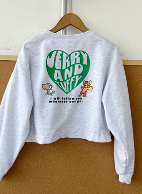 2S1-7童装圆领灰色后背爱心老鼠印花长袖T恤宽松百搭上衣Z25-10