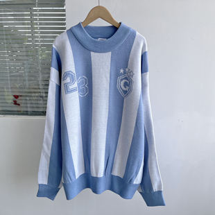 F1-143蓝白条纹圆领套头宽松慵懒风休闲外套春秋百搭上衣J25-3