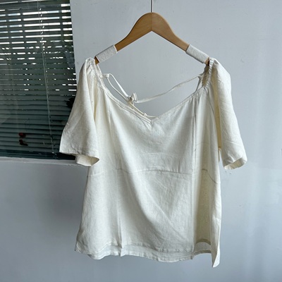 Y3-71夏季法式宽松显瘦淑女套头后背系带度假风纯麻短袖上衣Z25-5