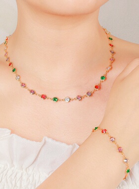 欧美时尚饰品彩色花朵链条设计感项链微镶工艺气质优雅套装女