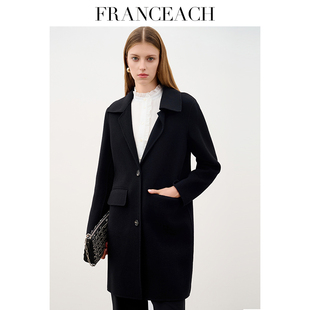 法涵意弛2025秋冬新款简约大气中长款手工黑色羊毛大衣呢子外套女
