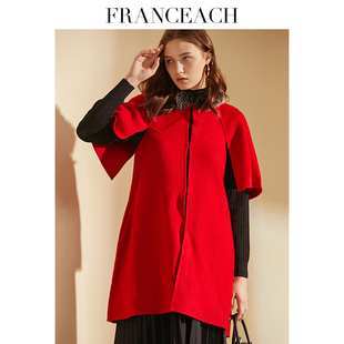 斗篷双面羊绒大衣女短款2021秋冬新款宽松红色羊毛呢子外套小个子