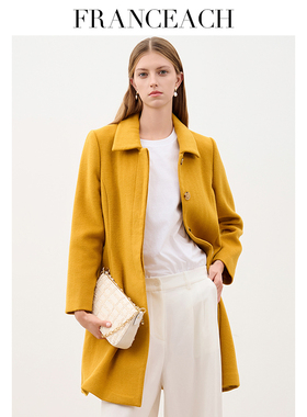 法涵意弛冬装新品黄色羊毛大衣女中长款单排暗扣毛呢外套加厚