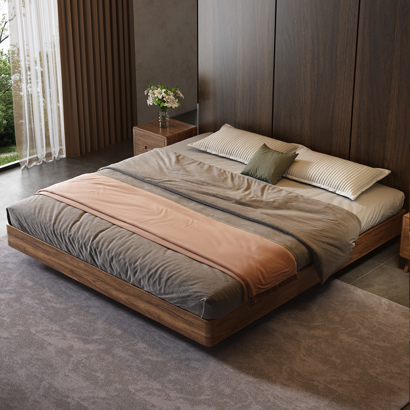 无床头实木床卧室家用轻奢简约黑胡桃木榻榻米双人床小户型悬浮床