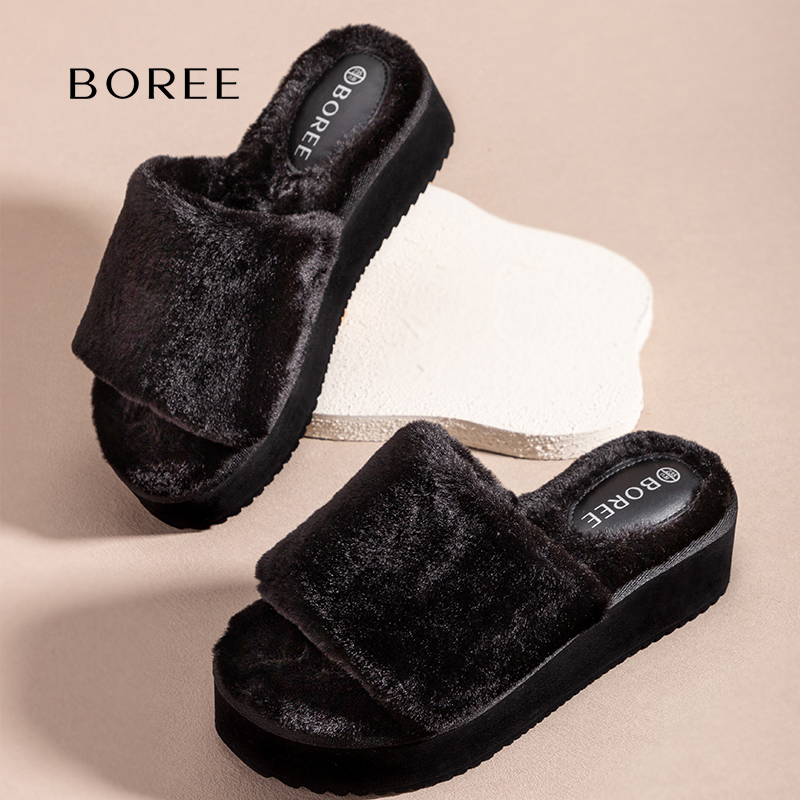 宝人魔术贴毛毛拖女外穿松糕厚底增高居家棉鞋2025新款秋冬新款
