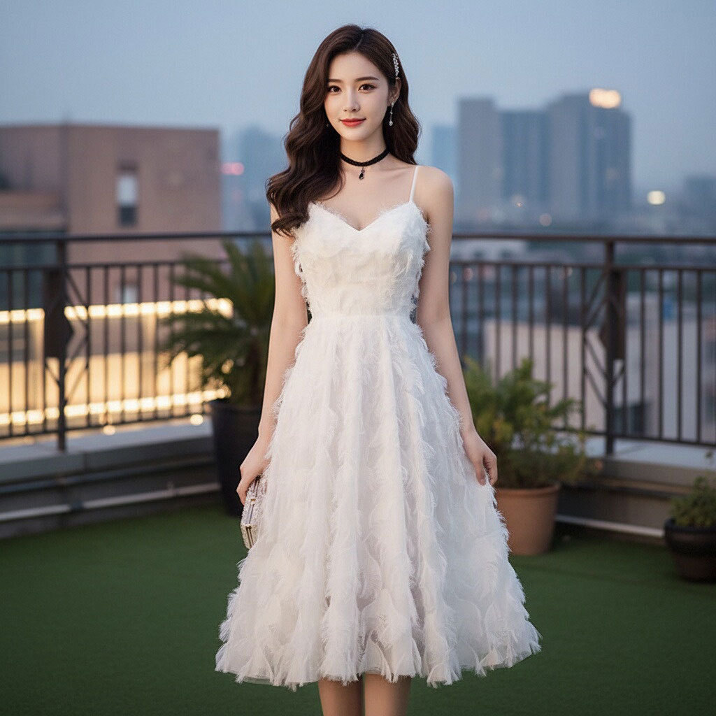气质吊带羽毛连衣裙女收腰显瘦中长款温柔风仙女名媛白色减龄优雅