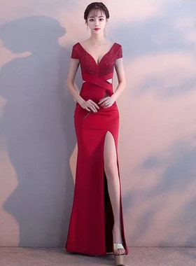 宴会晚礼服女2023高贵优雅修身性感深V开叉派对主持人长款连衣裙