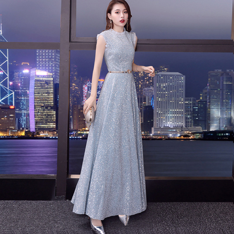 宴会晚礼服女气质高贵优雅主持人年会长款修腰显瘦亮片女士礼服裙