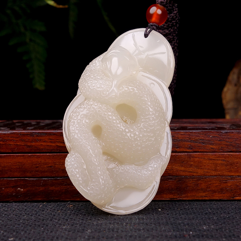 【天石玉器】新疆和田玉藕粉生肖蛇 十二生肖蛇吊坠玉坠项链