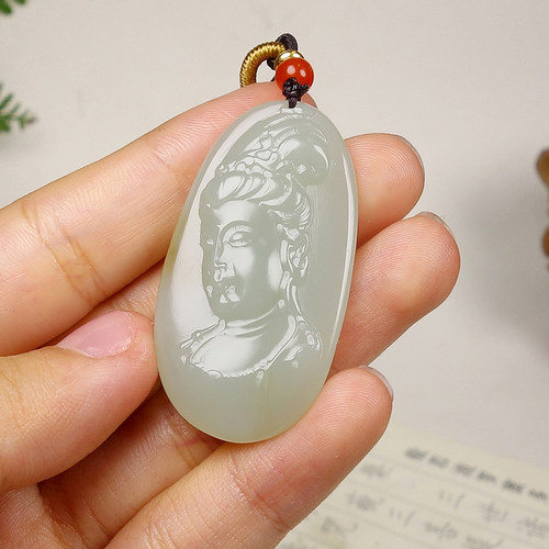 【天石玉器】和田玉糖青普度众生观音挂件吊坠14.889g
