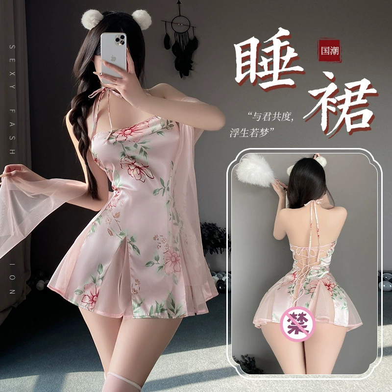 性感古风绑带抹胸透视睡裙挂脖系带柔纱露背印花修身旗袍睡衣制服