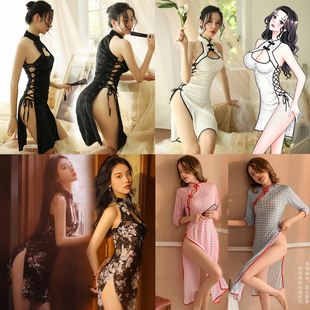 性感透视睡衣旗袍盘扣刺绣绑带睡裙内衣复古旗袍制服套装衣服女