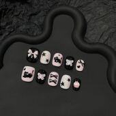 可爱新款 显白美甲卡通可拆卸蝴蝶结指甲穿戴甲片短款 猫咪