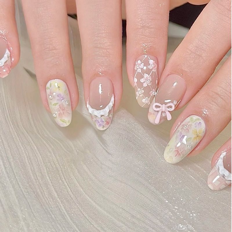 春日温柔法式穿戴高级指甲猫眼颜值杏仁气质珍珠贴片显白美甲