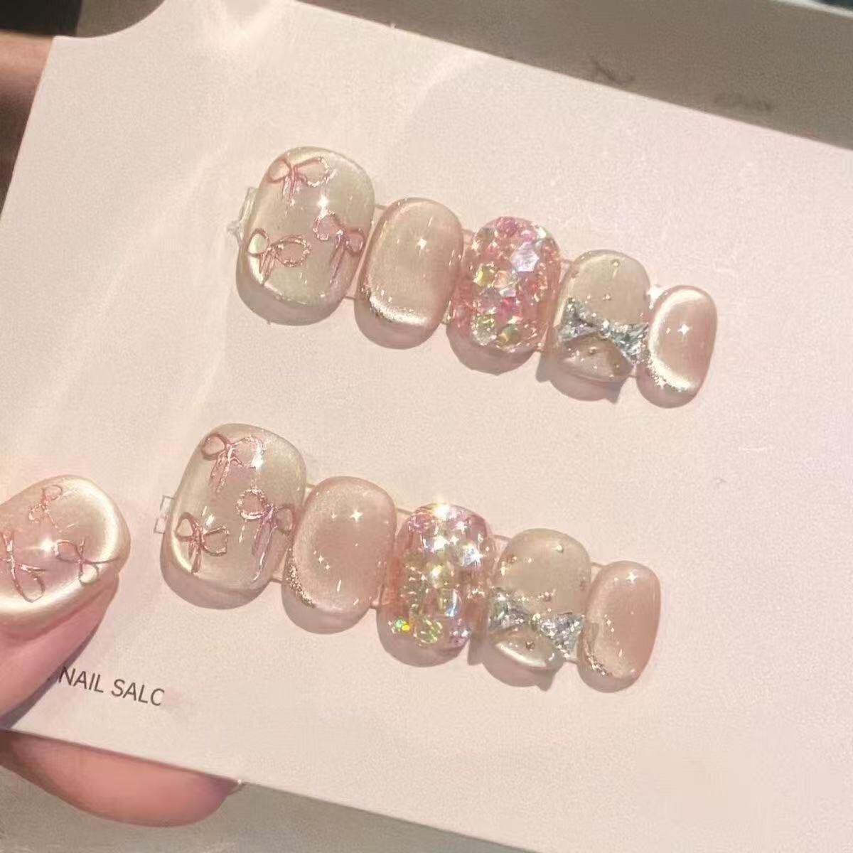 半手工新款穿戴美甲玫瑰蝴蝶结亮片猫眼高级名媛气质显白可爱贴片