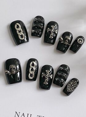暗黑手工纯手工黑色朋克穿戴高级辣妹可拆卸金属美甲指甲短款贴片