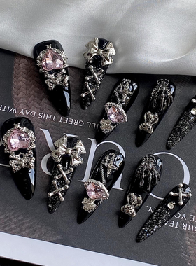 重工艺手工可拆卸反复穿戴长尖美甲穿戴甲暗黑黑色系穿戴甲