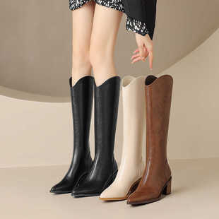【真皮】5cm/7cm西部靴v口骑士靴尖头加宽大筒围长筒靴高跟大码靴