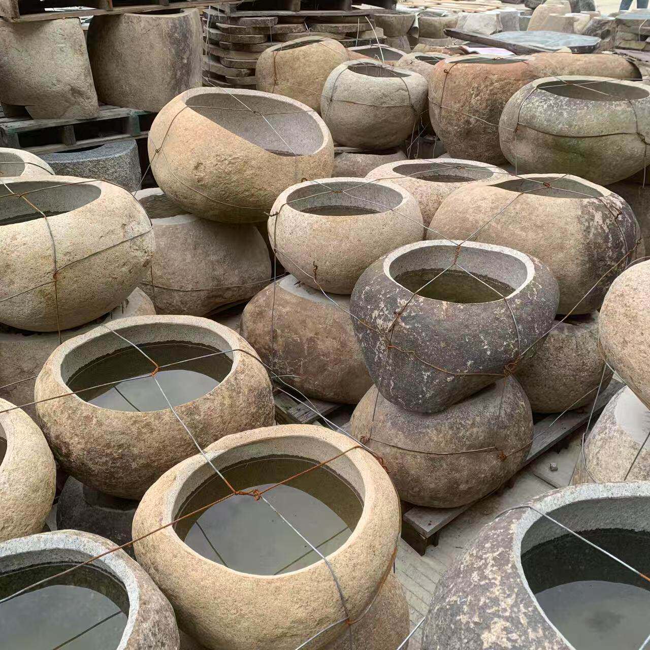 鹅卵石水景盆石头花盆水槽日式庭院石头摆件鱼缸户外花园水景花盆