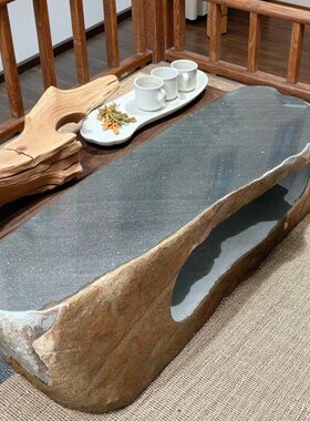 石头新中式榻榻米简约茶桌天然条凳整石雕刻户外庭院家用石桌石凳