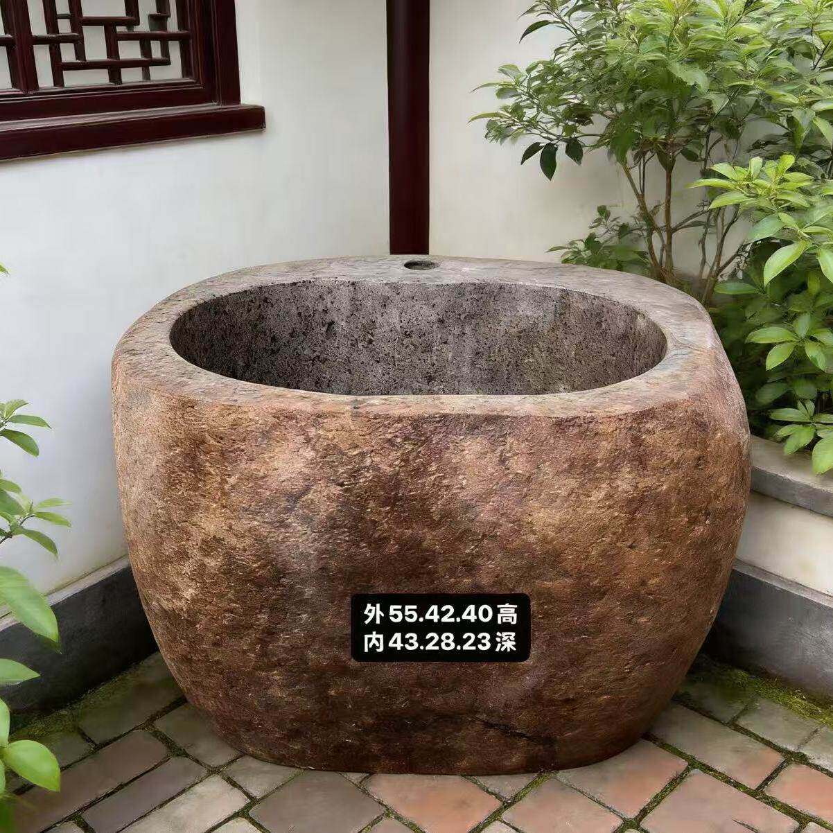 天然鹅卵石拖把池中式复古石雕花盆花钵圆形水缸庭院装饰摆件落地