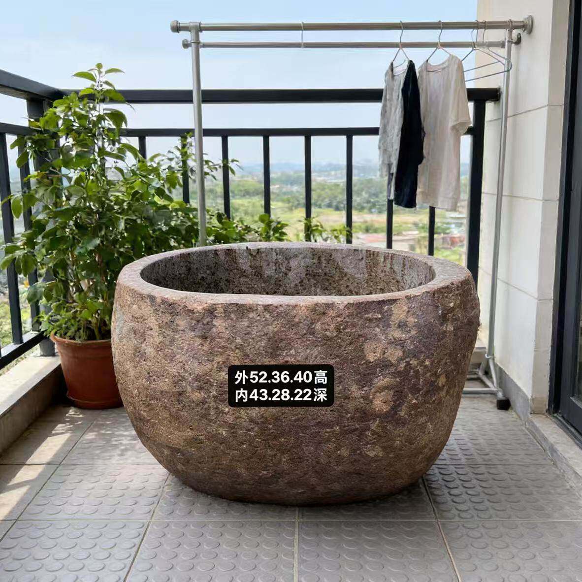 惠安天然鹅卵石拖把池中式复古石雕花盆花钵圆形水缸庭院装饰摆件